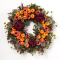 The Pumpkin Patch - Wine Hydrangea, Orange Daisies & Pumpkins with Autumn Greenery Fall Front Door Fall Wreath