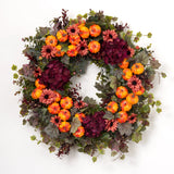 The Pumpkin Patch - Wine Hydrangea, Orange Daisies & Pumpkins with Autumn Greenery Fall Front Door Fall Wreath