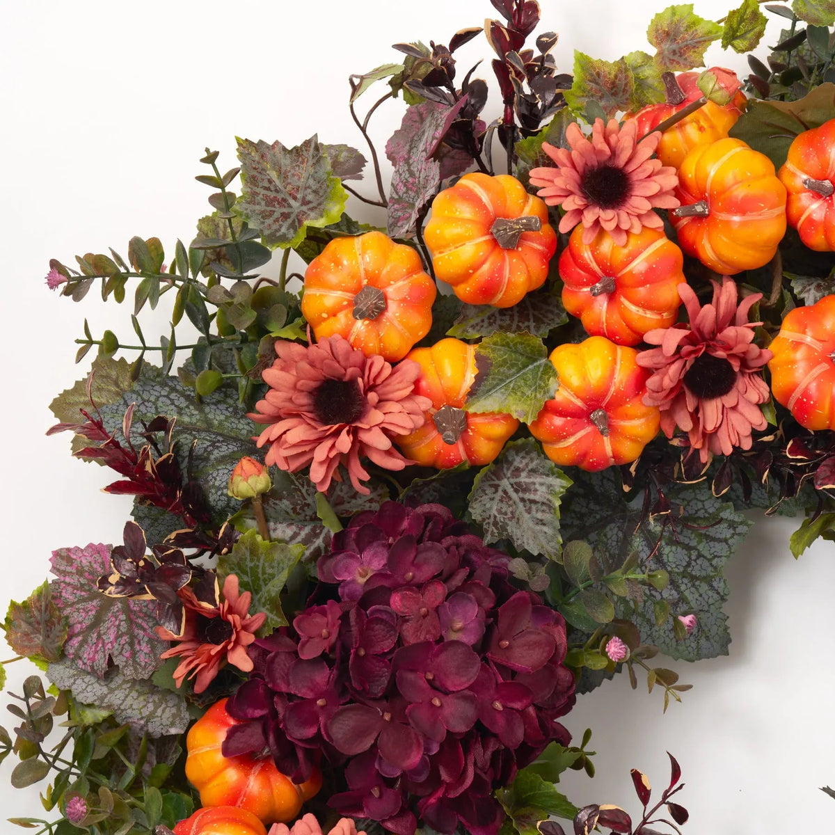 The Pumpkin Patch - Wine Hydrangea, Orange Daisies & Pumpkins with Autumn Greenery Fall Front Door Fall Wreath