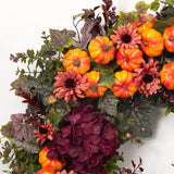The Pumpkin Patch - Wine Hydrangea, Orange Daisies & Pumpkins with Autumn Greenery Fall Front Door Fall Wreath