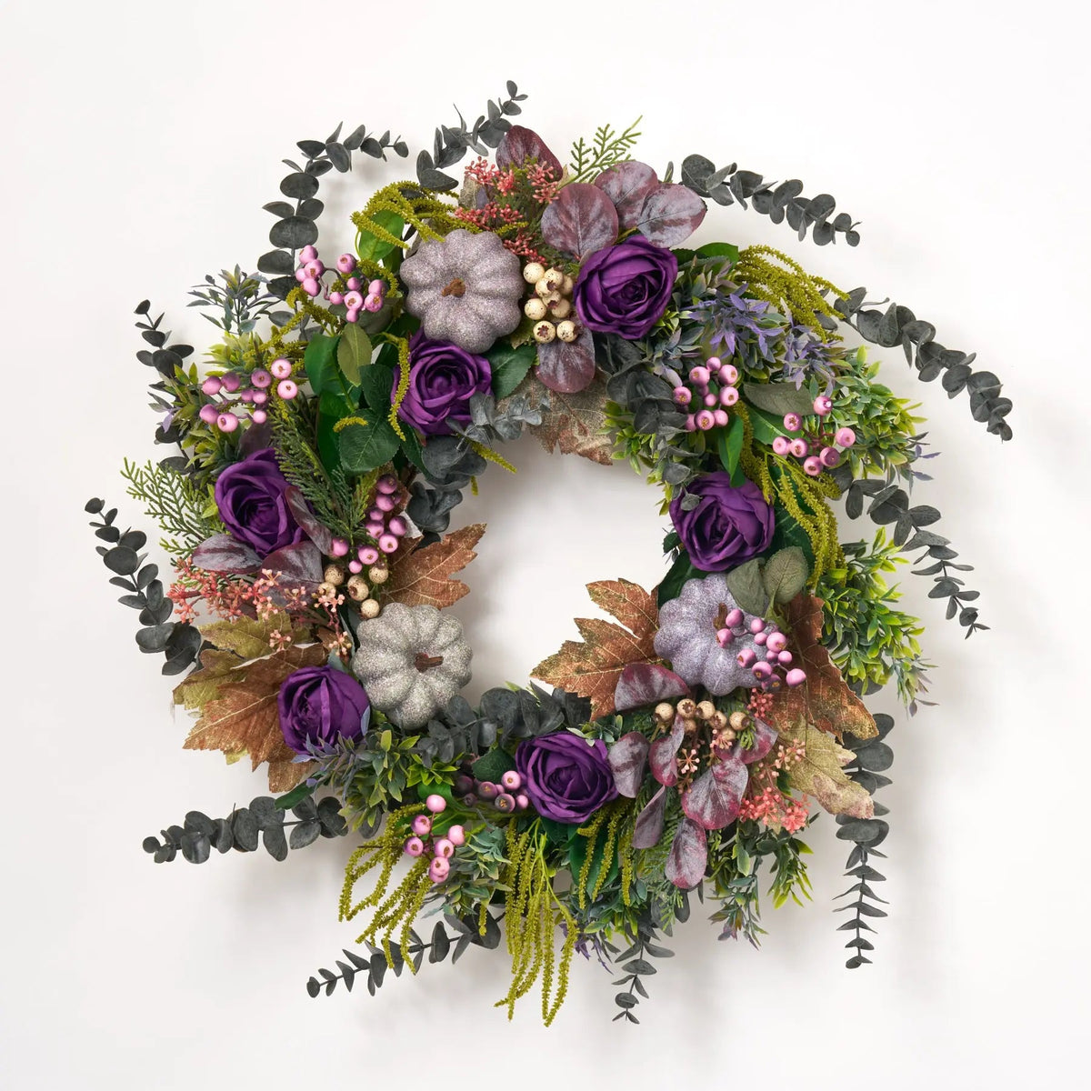 Witches Brew - Purple Pumpkin, Berries, Roses, & Dark Grey Eucalyptus with Green Amaranthus Fall Front Door Wreath