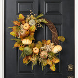 Sage, Orange & Brown Pumpkins with Oak Leaf & Kale Grass Asymmetrical Fall Front Door Wreath