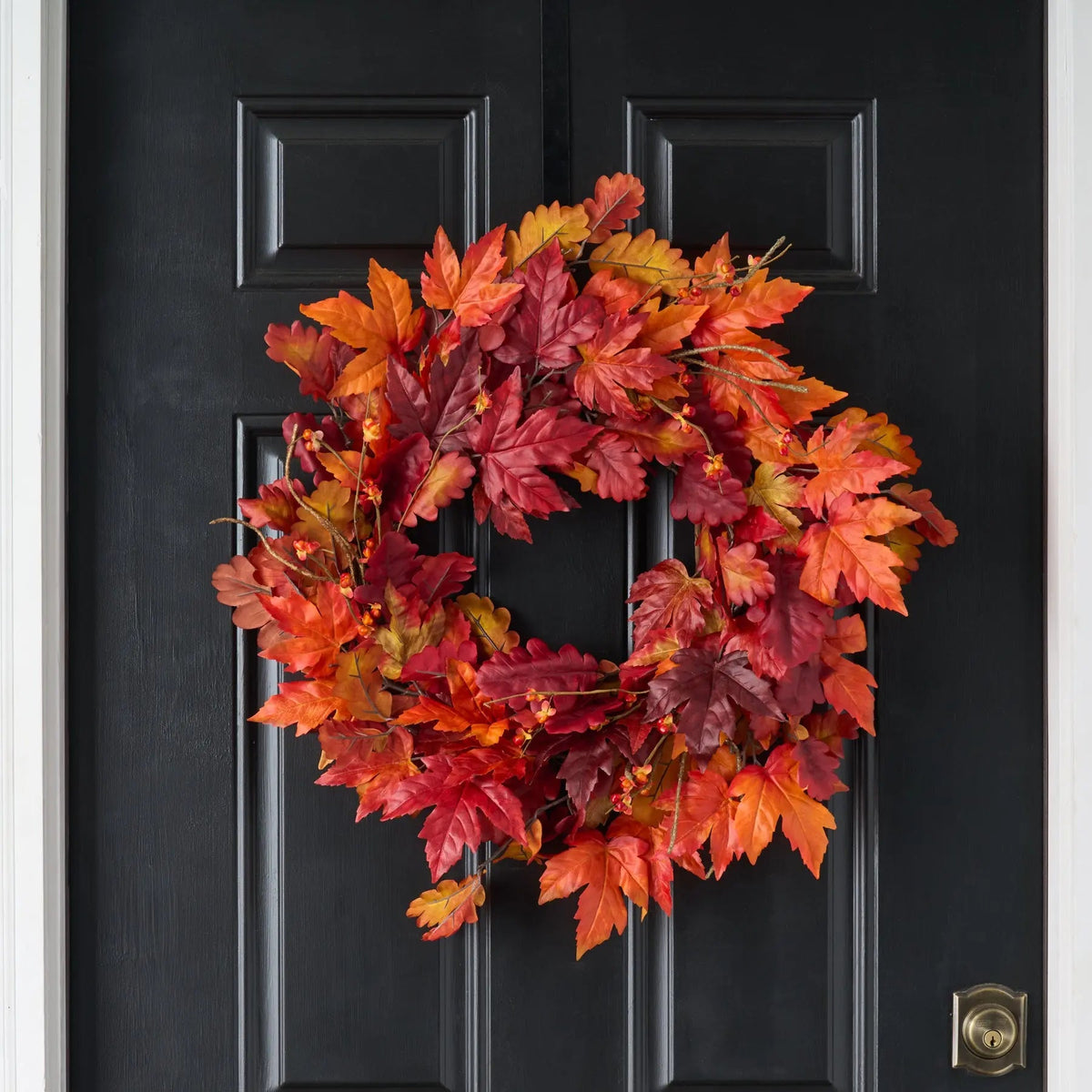 Autumn Blaze Red Maple & Oak Leaf Bittersweet Berry Fall Front Door Mantel Wreath