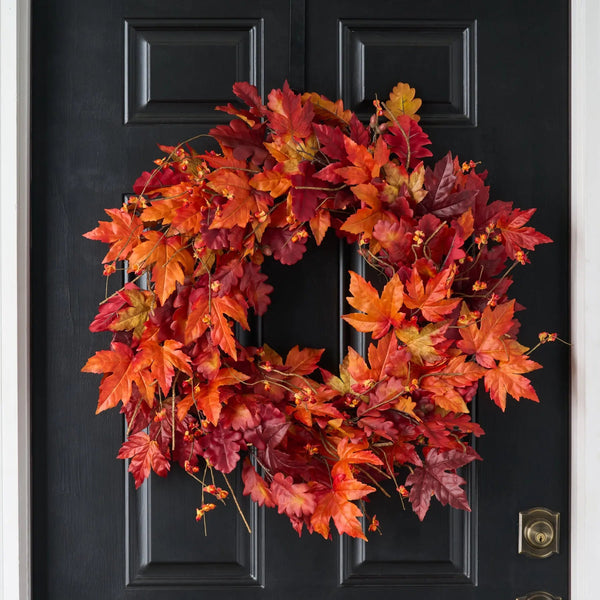 Autumn Blaze Red Maple & Oak Leaf Bittersweet Berry Fall Front Door Mantel Wreath