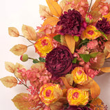 October Afterglow - Wine Peony, Yellow Burgundy Ranunculus, Terracotta & Pink Seed Eucalyptus Fall Front Door Wreath