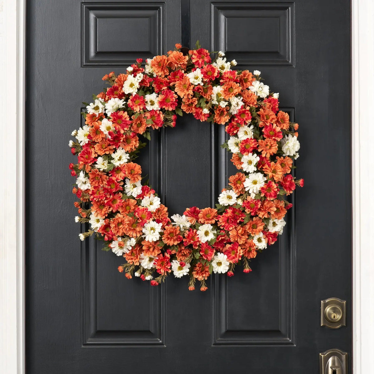 Zinnia Mum Cream, Orange & Red Fall Front Door Faux Floral Thanksgiving Wreath