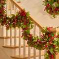 Real Touch Salal Leaf & Red Mixed Crabapple Berry Outdoor UV Treated Holiday Christmas Garland Table Runner