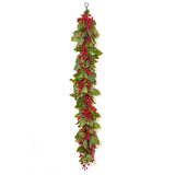 Real Touch Salal Leaf & Red Mixed Crabapple Berry Outdoor UV Treated Holiday Christmas Garland Table Runner