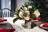 Holiday White Magnolia, Red Crabapple & Needle Leaf Eucalyptus Christmas Floral Arrangement Centerpiece in Glass Vase