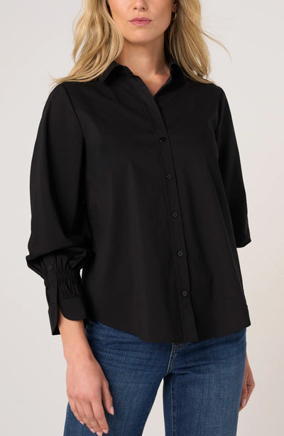ADJUSTABLE SLEEVE BUTTON FRONT WOVEN TOP
