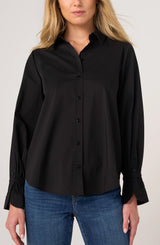 ADJUSTABLE SLEEVE BUTTON FRONT WOVEN TOP