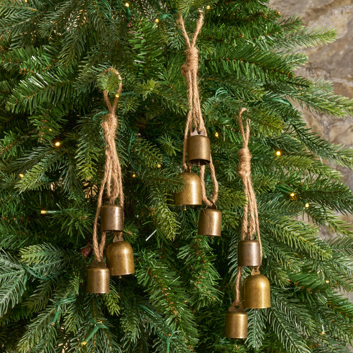 Antique Bronze Rustic Metal Hanging Mini Bell Trio Swag Ornament - Set of 3