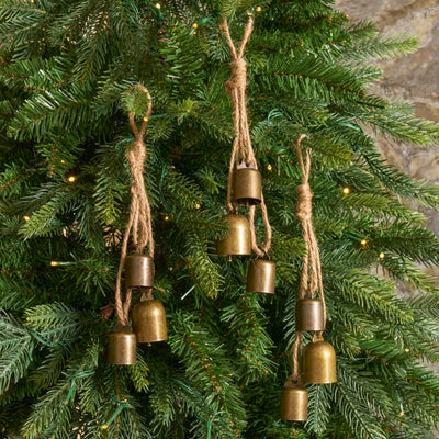 Antique Bronze Rustic Metal Hanging Mini Bell Trio Swag Ornament - Set of 3