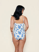 Ruched Square Neck One Piece in Blue Floral