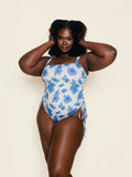 Ruched Square Neck One Piece in Blue Floral