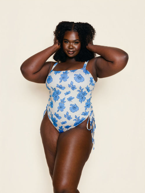 Ruched Square Neck One Piece in Blue Floral