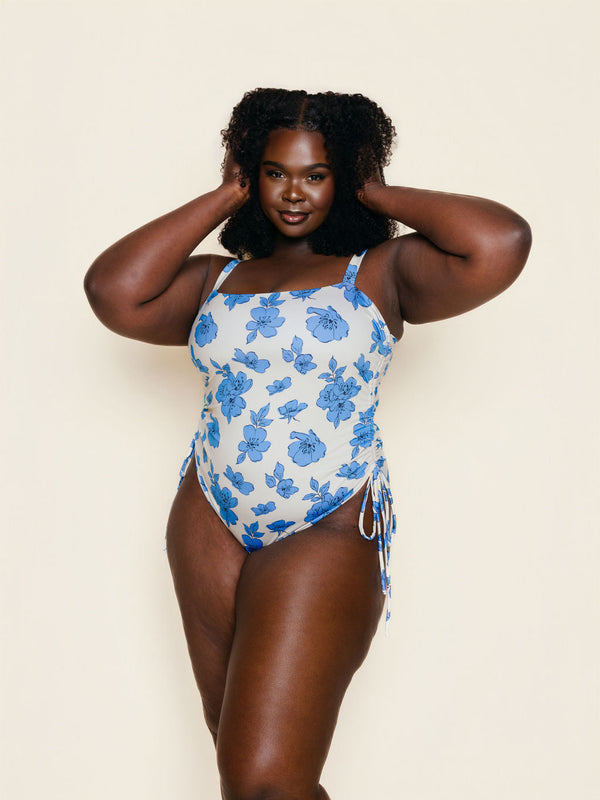 Ruched Square Neck One Piece in Blue Floral