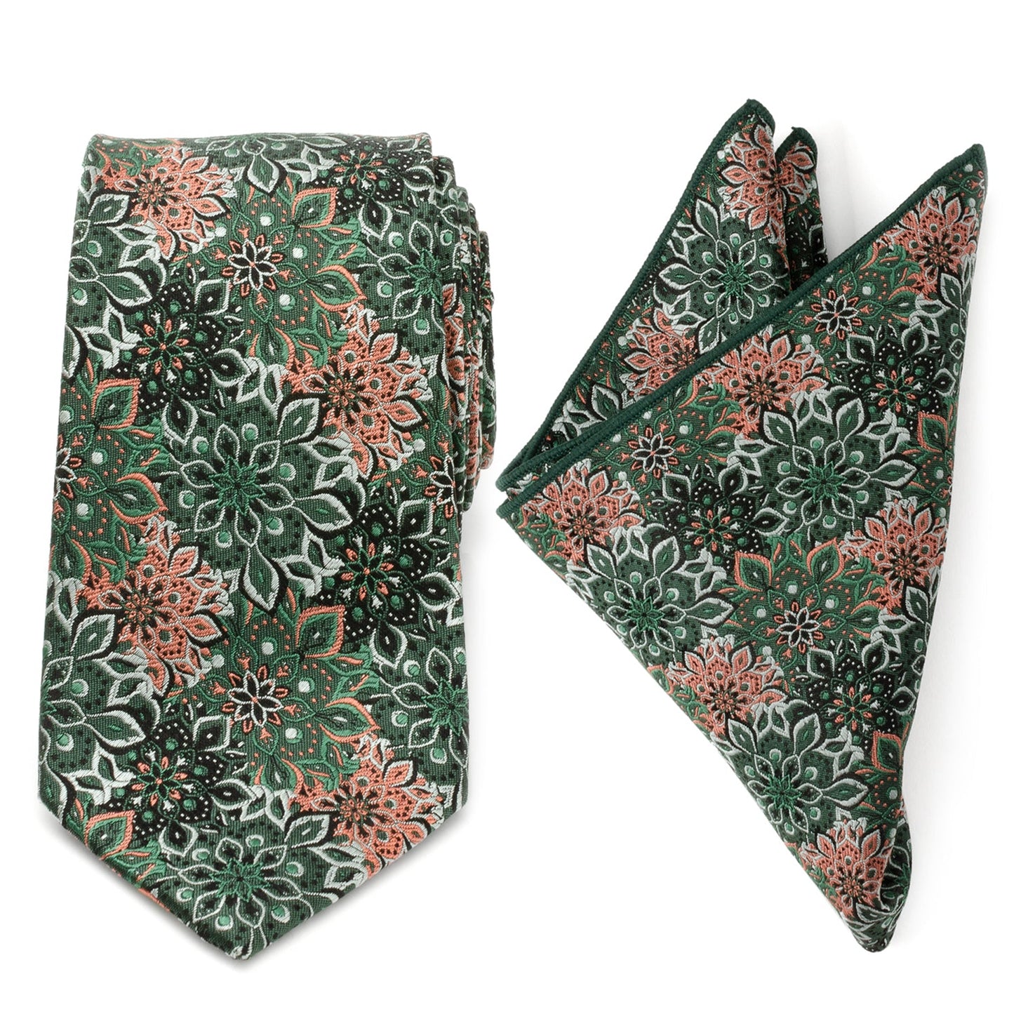 Green Floral Tie and Pocket Square Gift Set