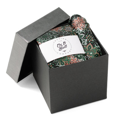 Green Floral Tie and Pocket Square Gift Set